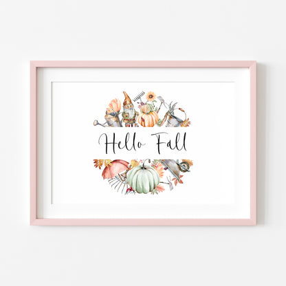 Hello Fall autumn accessories wreath watercolour landscape unframed wall art poster print