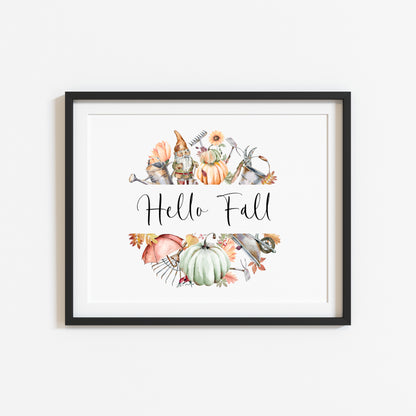 Hello Fall autumn accessories wreath watercolour landscape unframed wall art poster print
