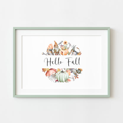 Hello Fall autumn accessories wreath watercolour landscape unframed wall art poster print