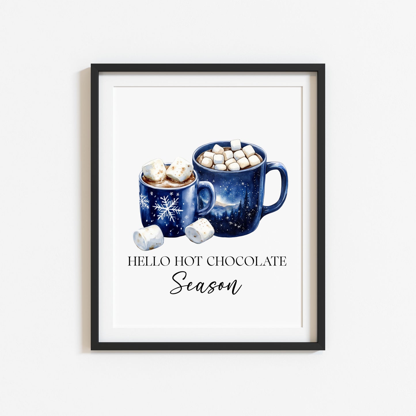 Hot Chocolate Christmas Blue Mugs Watercolour Kitchen unframed wall art poster print
