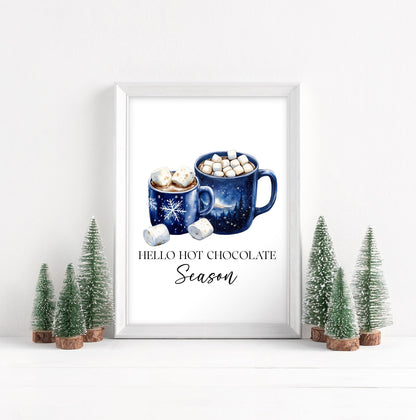Hot Chocolate Christmas Blue Mugs Watercolour Kitchen unframed wall art poster print