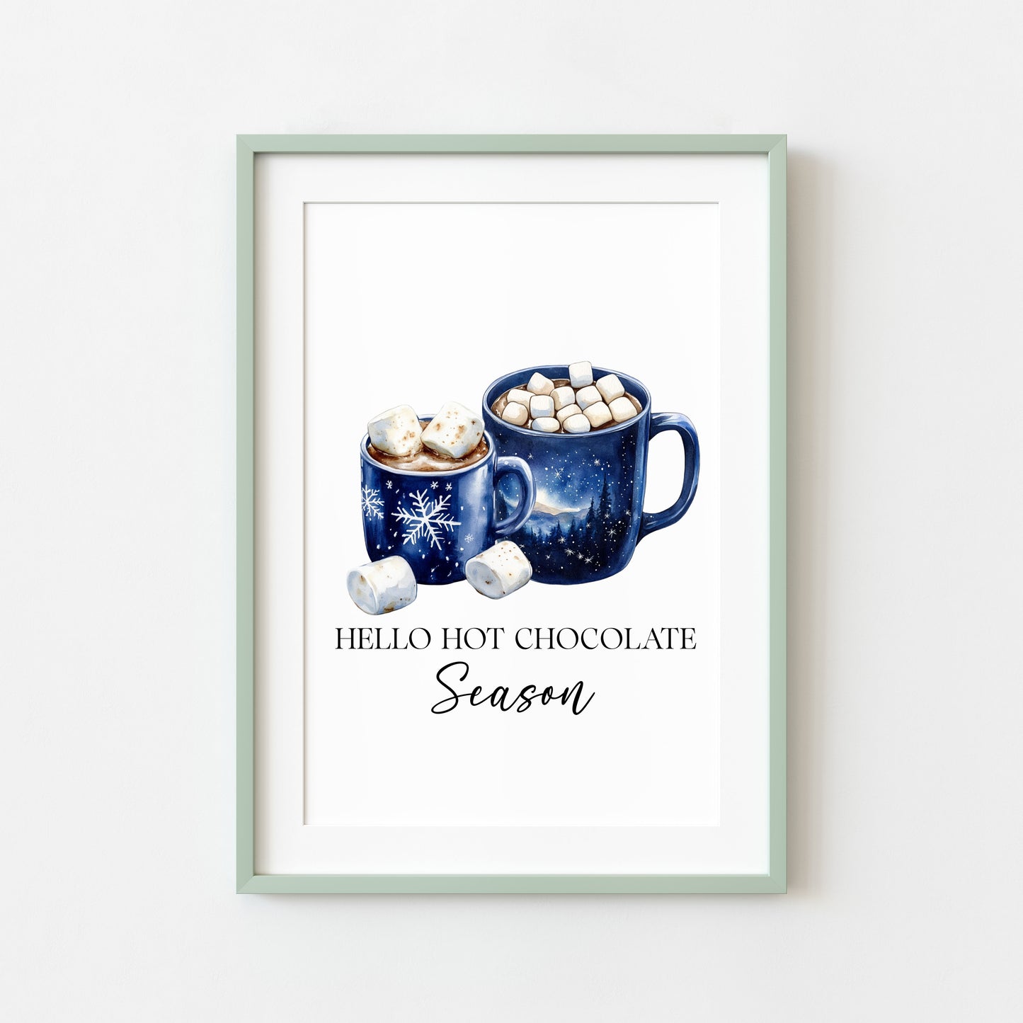 Hot Chocolate Christmas Blue Mugs Watercolour Kitchen unframed wall art poster print