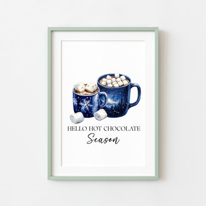 Hot Chocolate Christmas Blue Mugs Watercolour Kitchen unframed wall art poster print