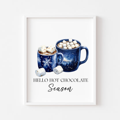 Hot Chocolate Christmas Blue Mugs Watercolour Kitchen unframed wall art poster print