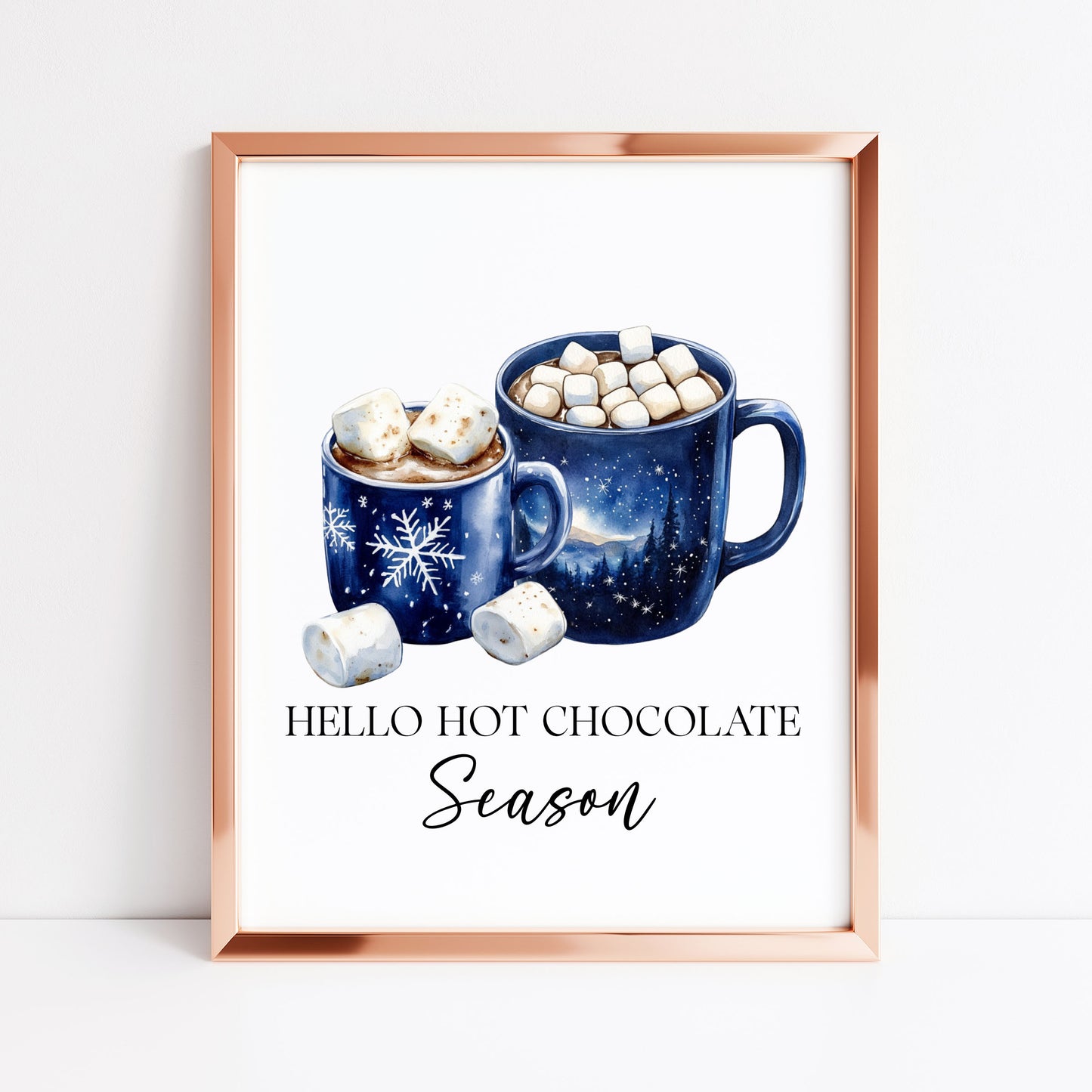 Hot Chocolate Christmas Blue Mugs Watercolour Kitchen unframed wall art poster print