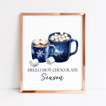 Hot Chocolate Christmas Blue Mugs Watercolour Kitchen unframed wall art poster print