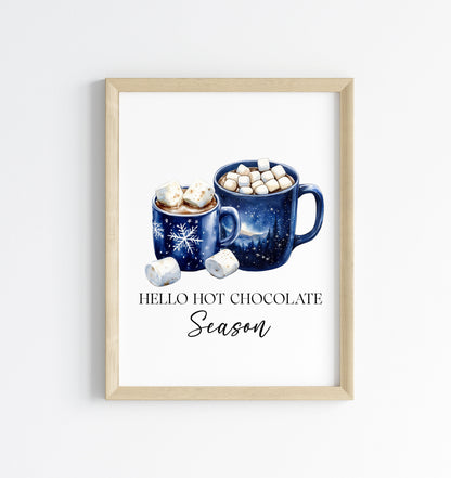 Hot Chocolate Christmas Blue Mugs Watercolour Kitchen unframed wall art poster print