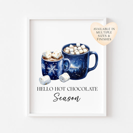 Hot Chocolate Christmas Blue Mugs Watercolour Kitchen unframed wall art poster print