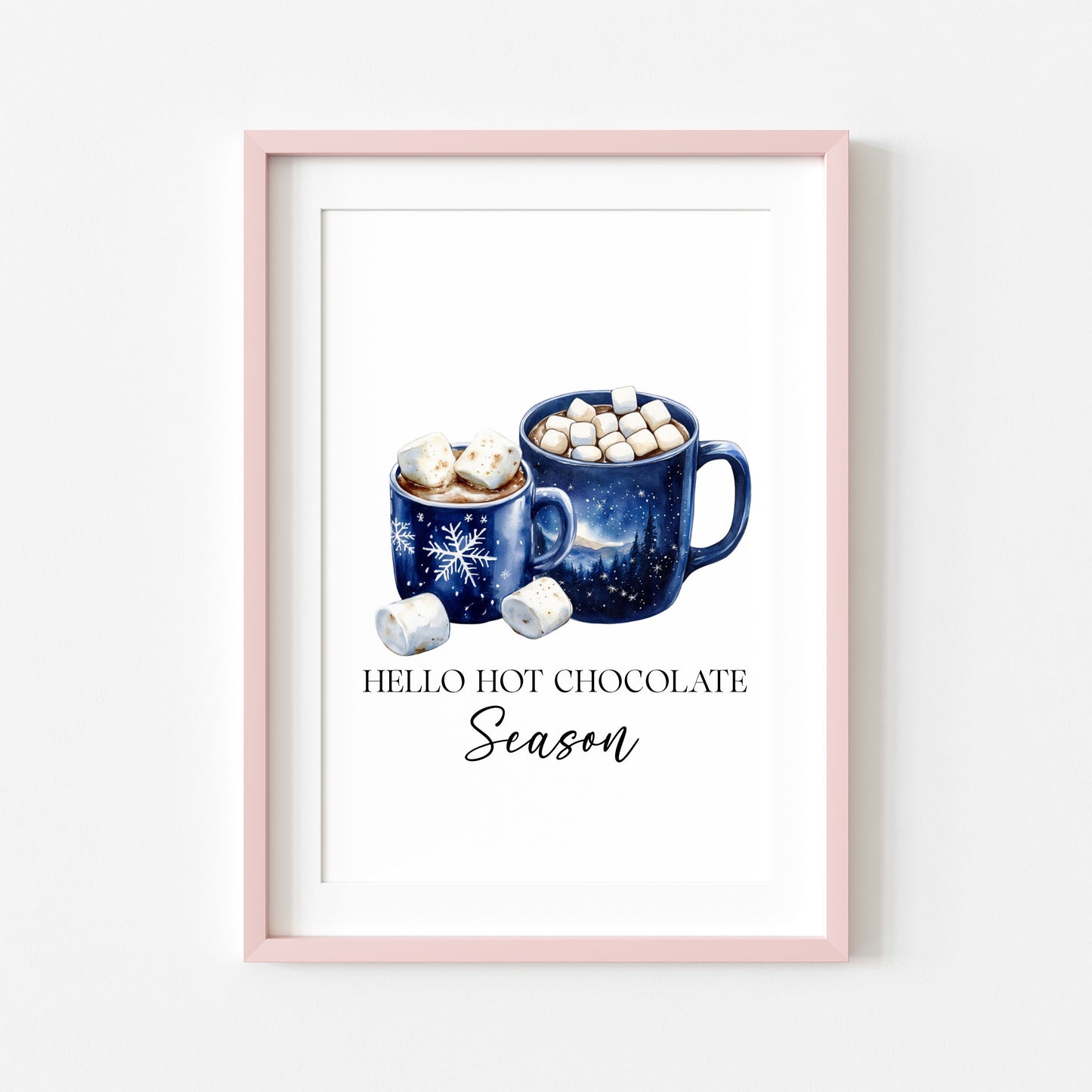 Hot Chocolate Christmas Blue Mugs Watercolour Kitchen unframed wall art poster print