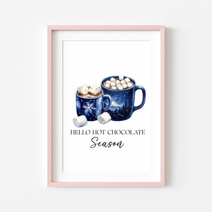 Hot Chocolate Christmas Blue Mugs Watercolour Kitchen unframed wall art poster print
