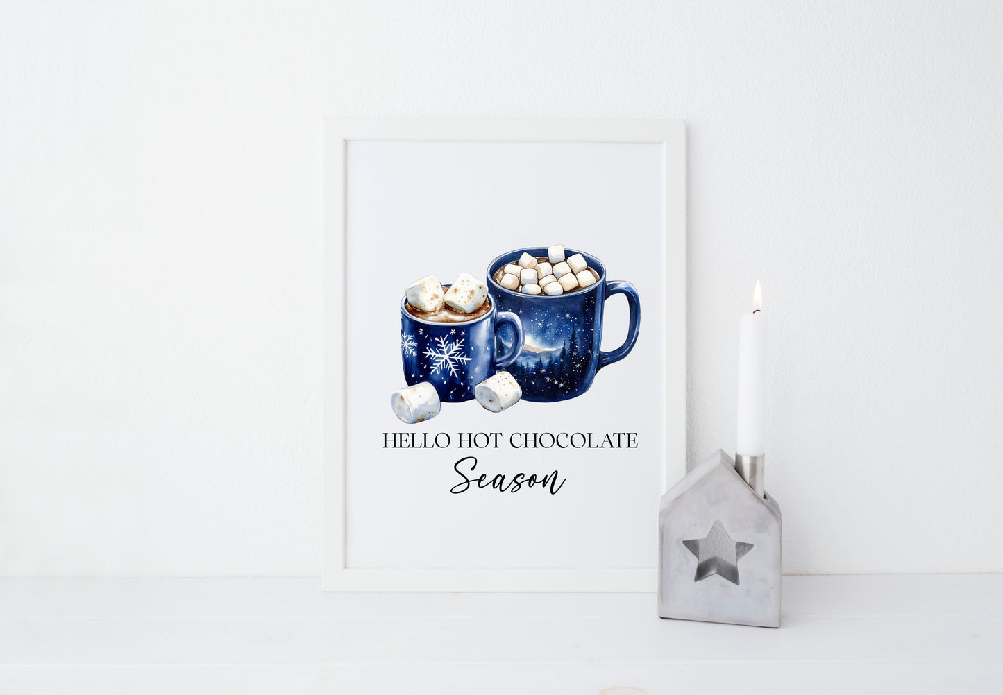 Hot Chocolate Christmas Blue Mugs Watercolour Kitchen unframed wall art poster print