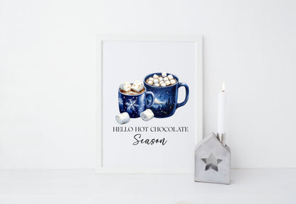 Hot Chocolate Christmas Blue Mugs Watercolour Kitchen unframed wall art poster print