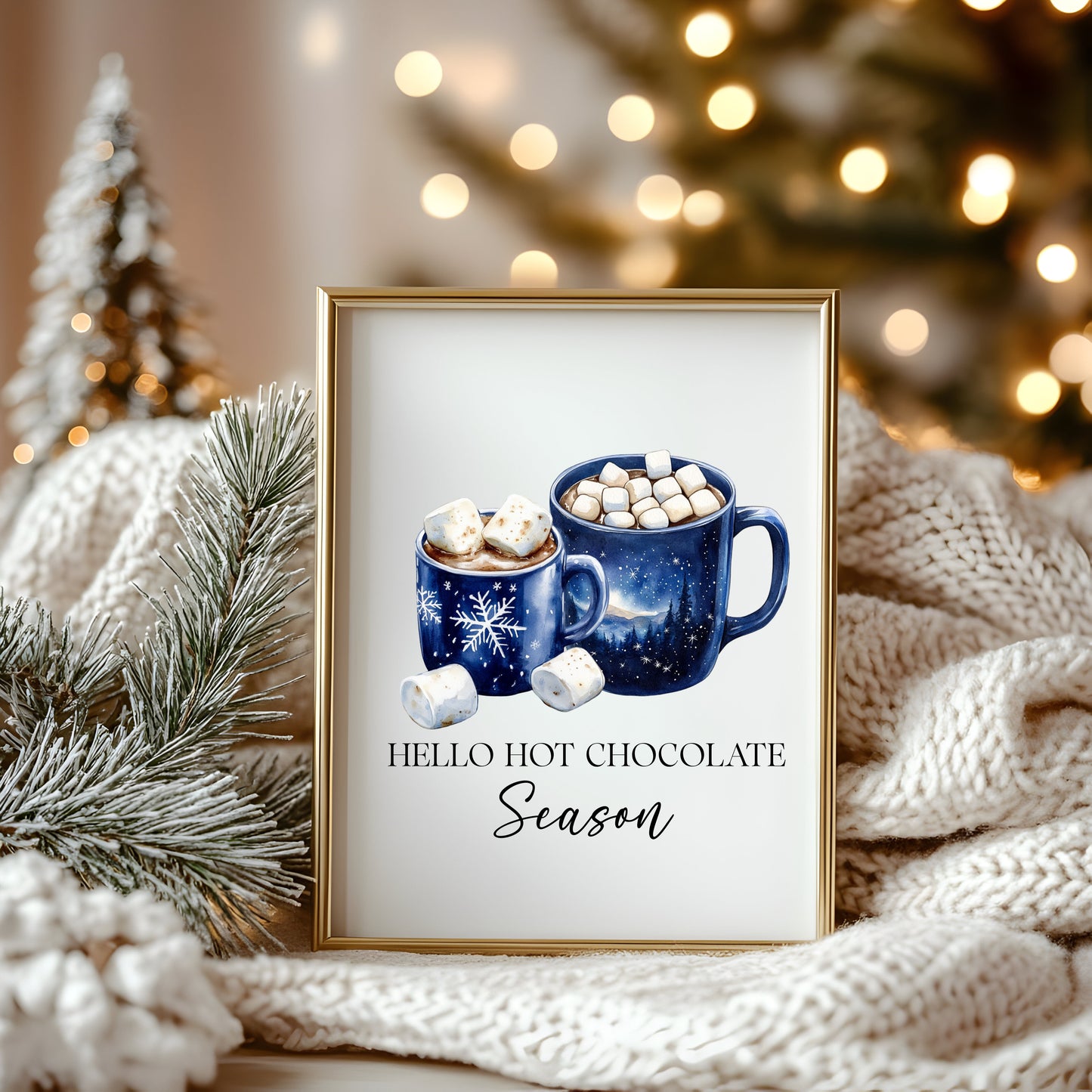 Hot Chocolate Christmas Blue Mugs Watercolour Kitchen unframed wall art poster print
