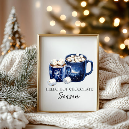 Hot Chocolate Christmas Blue Mugs Watercolour Kitchen unframed wall art poster print