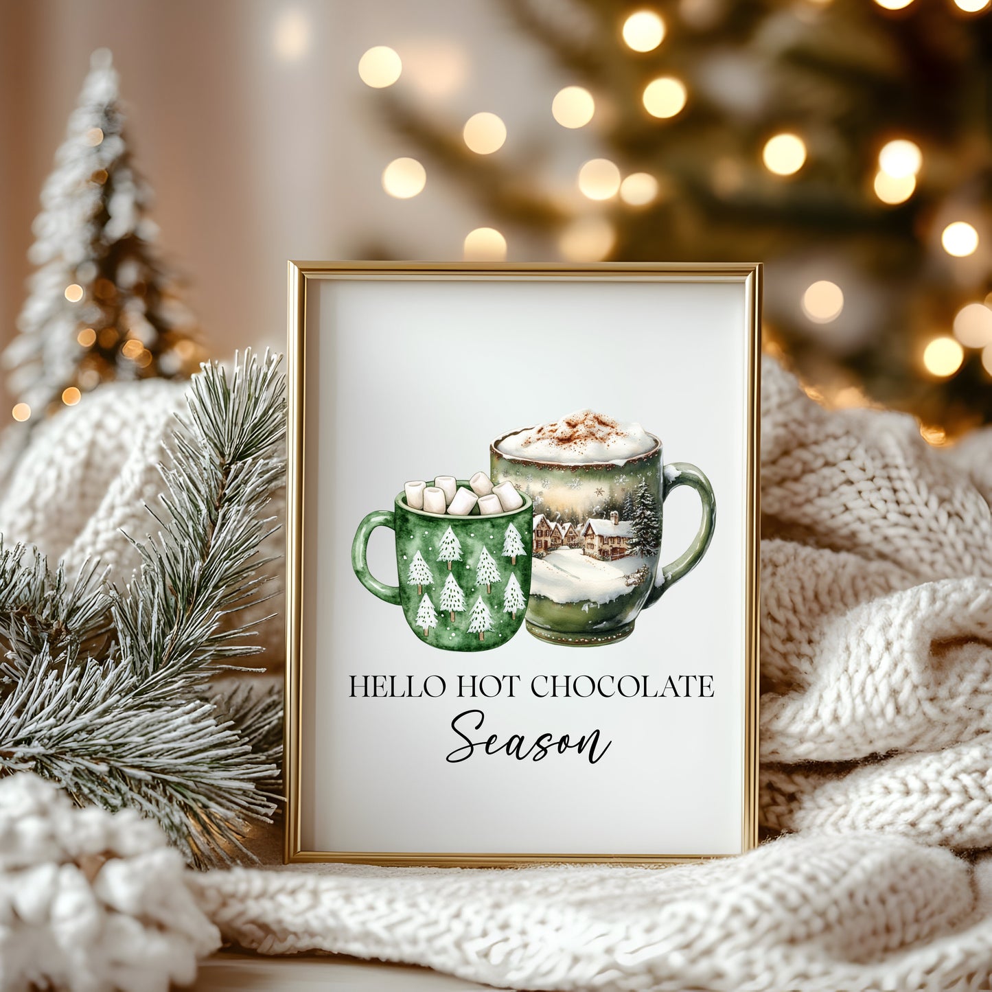 Hot Chocolate Christmas Green Mugs Watercolour Kitchen unframed wall art poster print