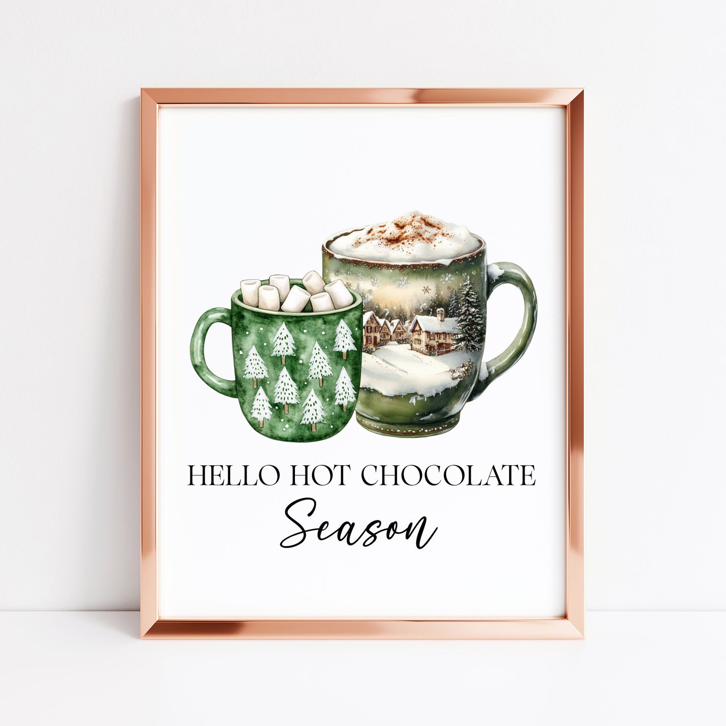 Hot Chocolate Christmas Green Mugs Watercolour Kitchen unframed wall art poster print