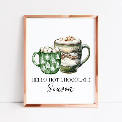 Hot Chocolate Christmas Green Mugs Watercolour Kitchen unframed wall art poster print