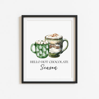 Hot Chocolate Christmas Green Mugs Watercolour Kitchen unframed wall art poster print