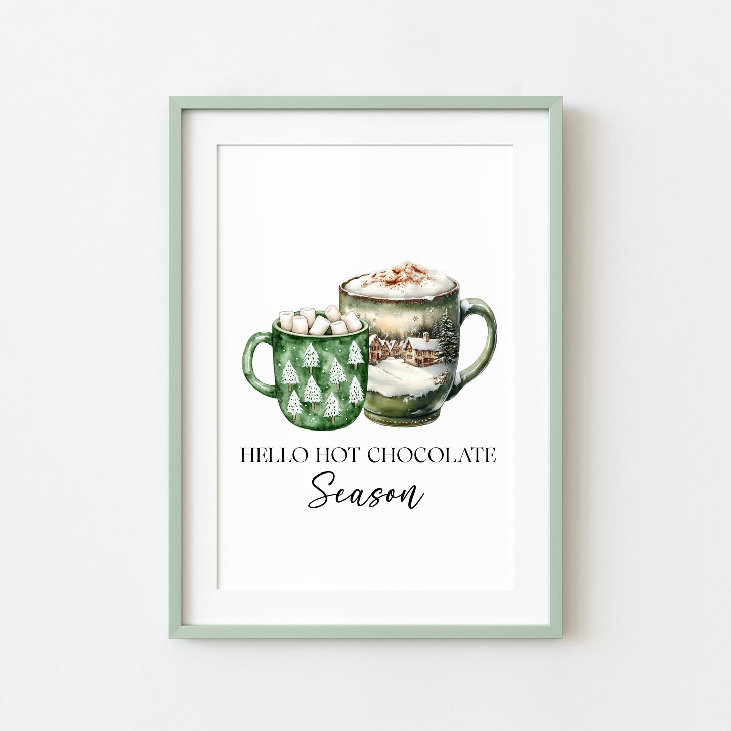 Hot Chocolate Christmas Green Mugs Watercolour Kitchen unframed wall art poster print