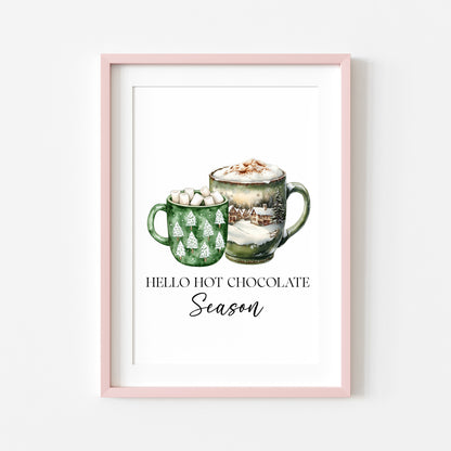 Hot Chocolate Christmas Green Mugs Watercolour Kitchen unframed wall art poster print