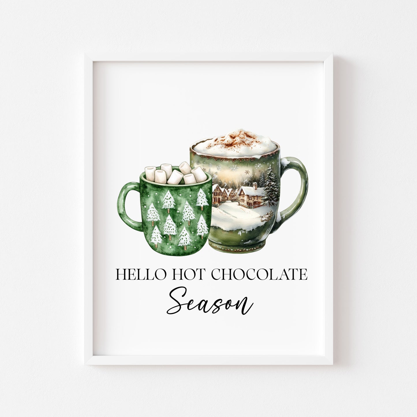 Hot Chocolate Christmas Green Mugs Watercolour Kitchen unframed wall art poster print