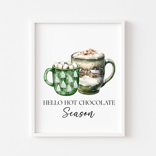 Hot Chocolate Christmas Green Mugs Watercolour Kitchen unframed wall art poster print
