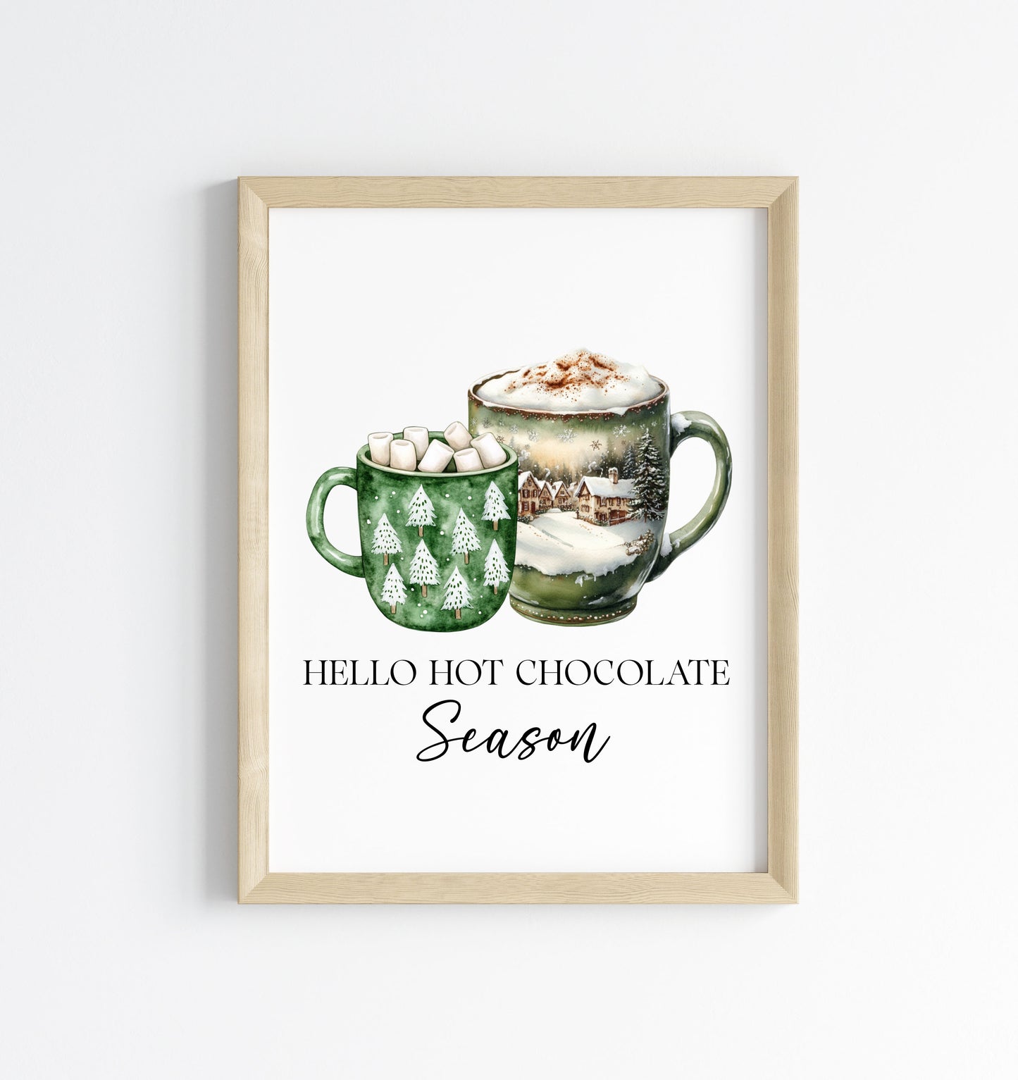 Hot Chocolate Christmas Green Mugs Watercolour Kitchen unframed wall art poster print