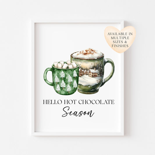 Hot Chocolate Christmas Green Mugs Watercolour Kitchen unframed wall art poster print