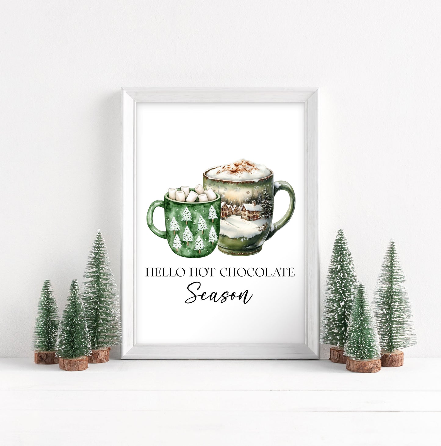 Hot Chocolate Christmas Green Mugs Watercolour Kitchen unframed wall art poster print