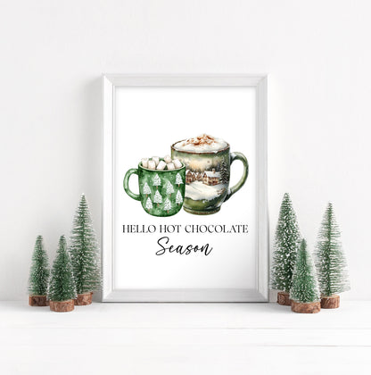 Hot Chocolate Christmas Green Mugs Watercolour Kitchen unframed wall art poster print