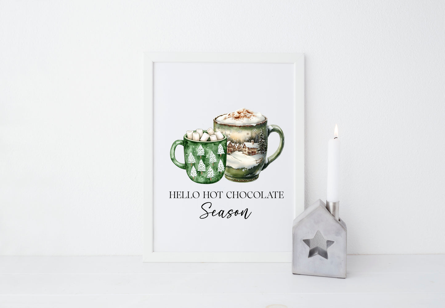 Hot Chocolate Christmas Green Mugs Watercolour Kitchen unframed wall art poster print