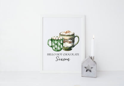 Hot Chocolate Christmas Green Mugs Watercolour Kitchen unframed wall art poster print