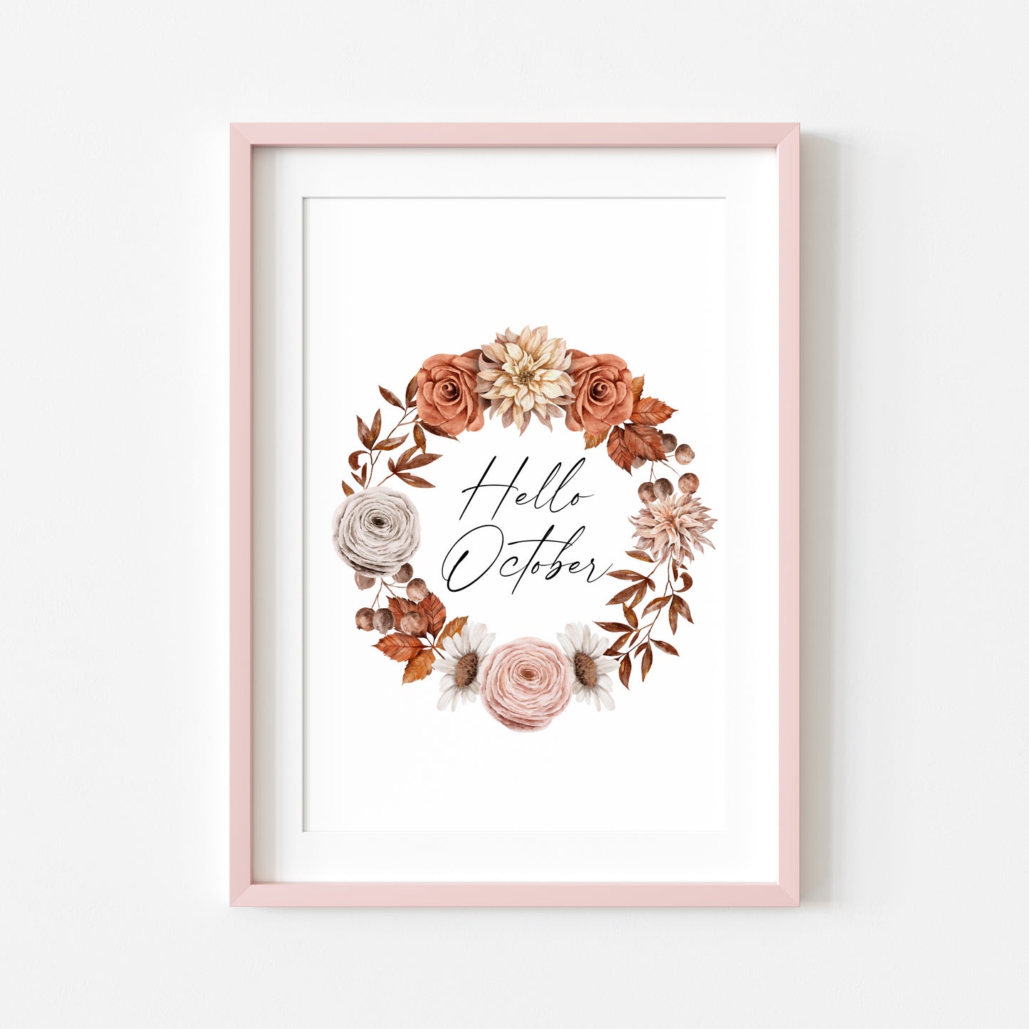 Hello October autumn watercolour orange and red floral wreath seasonal unframed wall art poster print