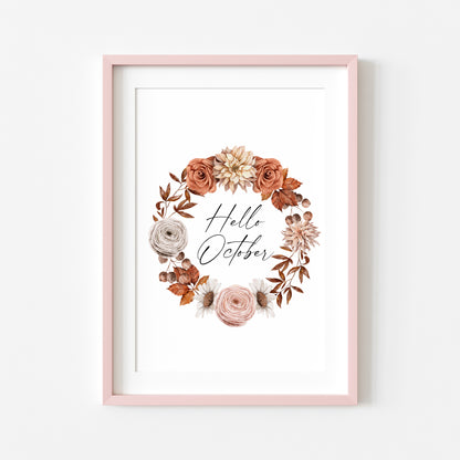 Hello October autumn watercolour orange and red floral wreath seasonal unframed wall art poster print