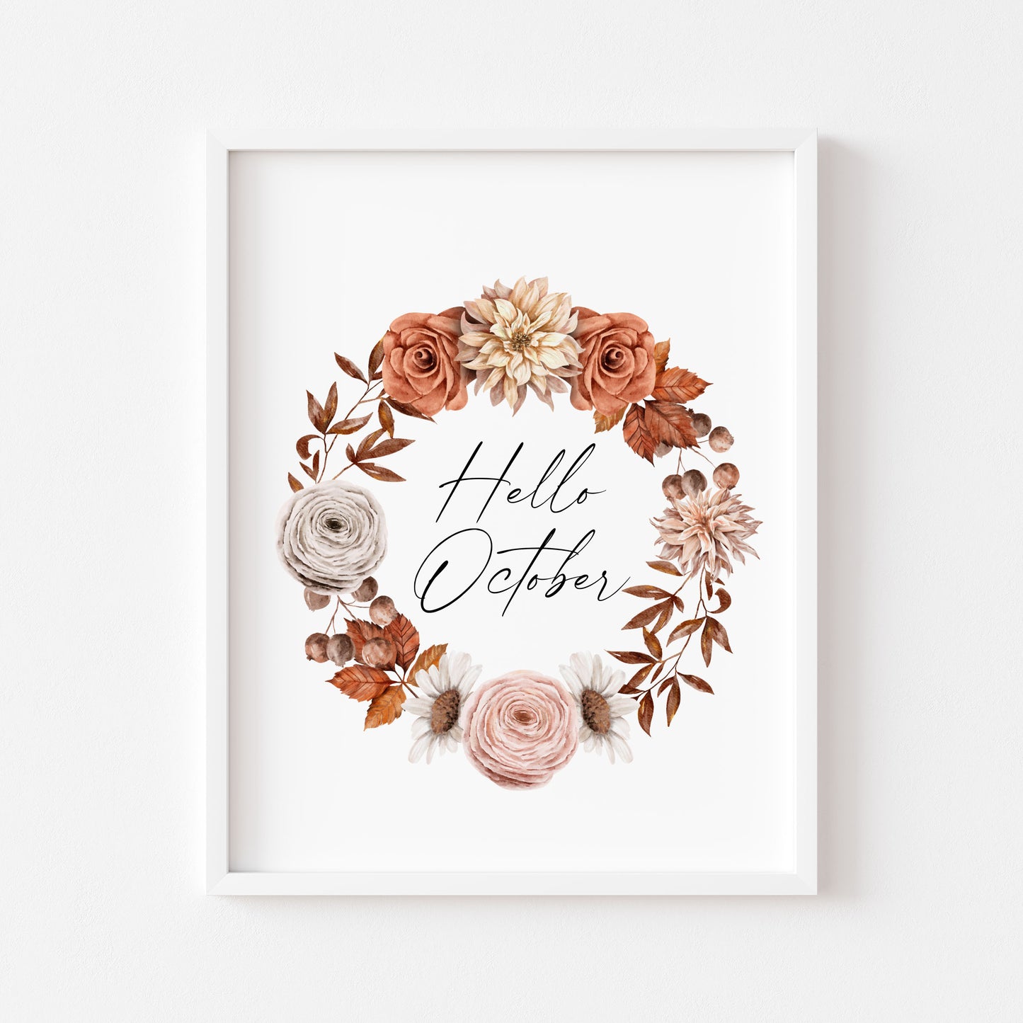 Hello October autumn watercolour orange and red floral wreath seasonal unframed wall art poster print