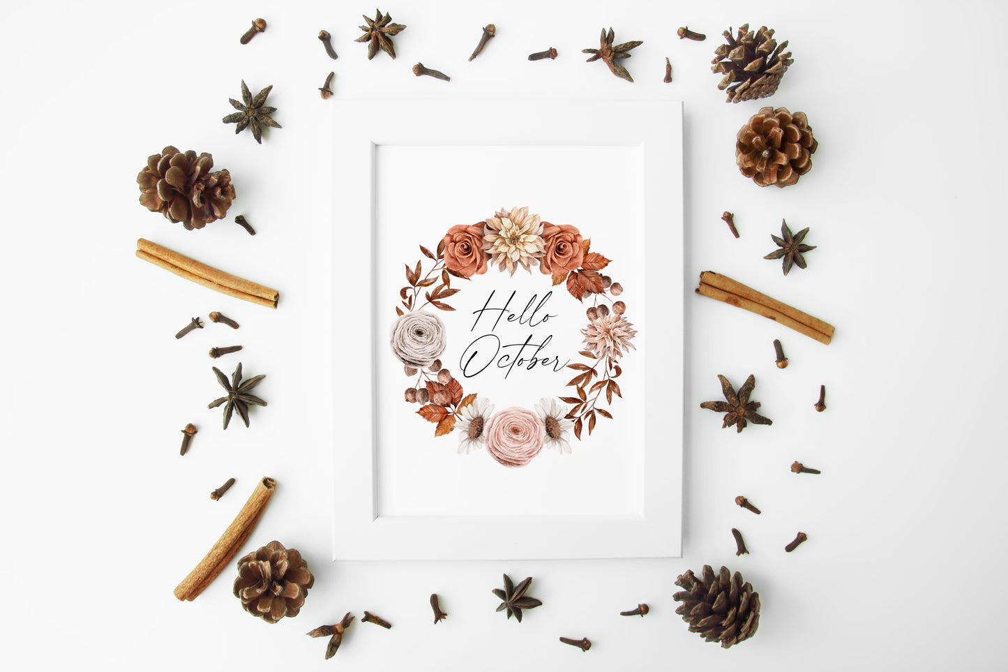 Hello October autumn watercolour orange and red floral wreath seasonal unframed wall art poster print