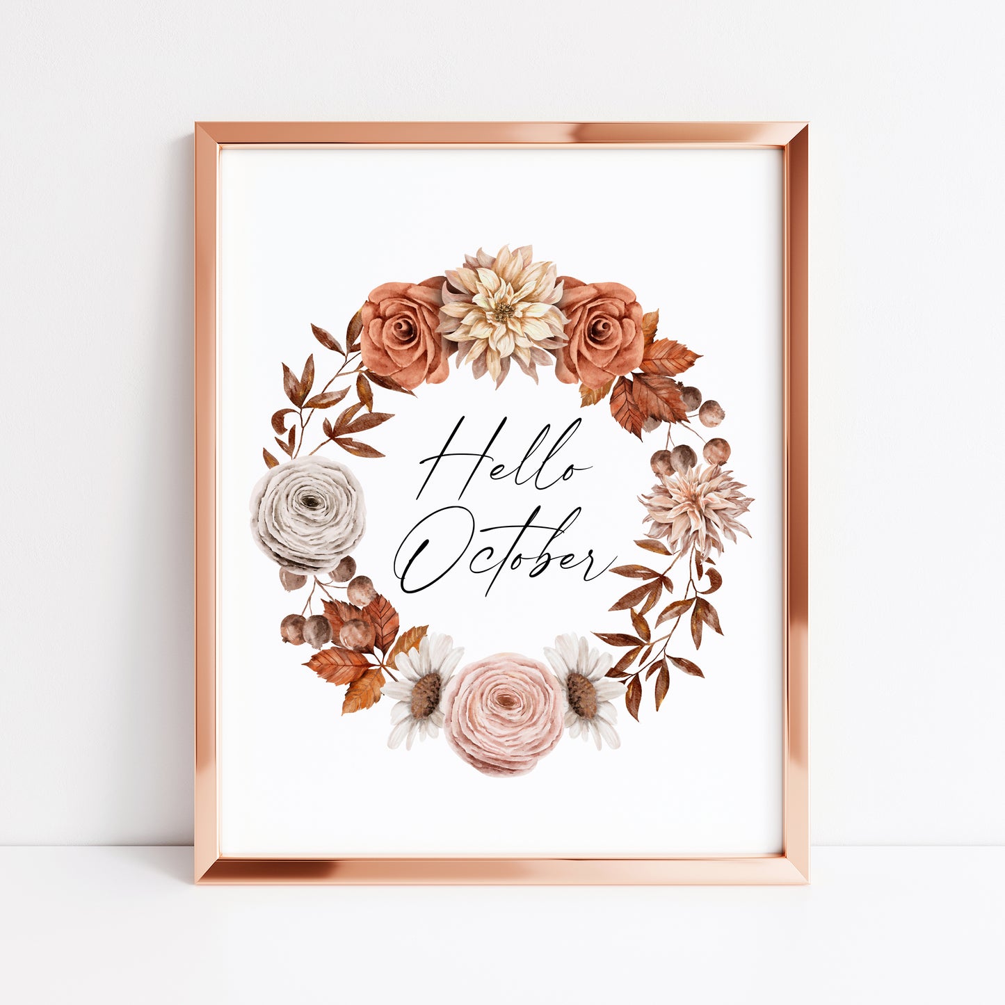 Hello October autumn watercolour orange and red floral wreath seasonal unframed wall art poster print