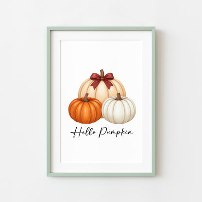 Autumn print, Hello Autumn Pumpkin trio watercolour unframed wall art poster