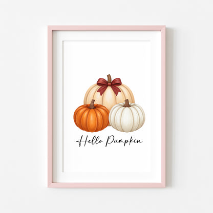 Autumn print, Hello Autumn Pumpkin trio watercolour unframed wall art poster