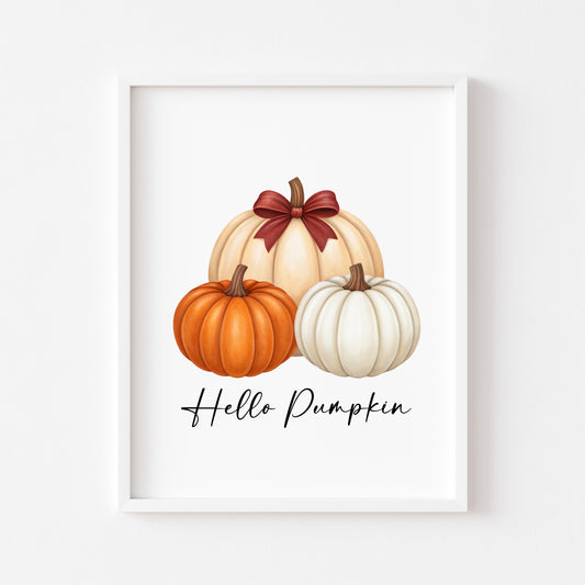 Autumn print, Hello Autumn Pumpkin trio watercolour unframed wall art poster