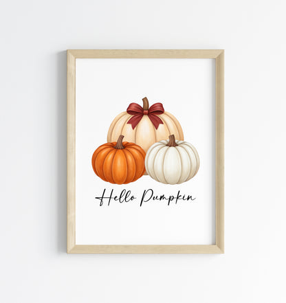 Autumn print, Hello Autumn Pumpkin trio watercolour unframed wall art poster