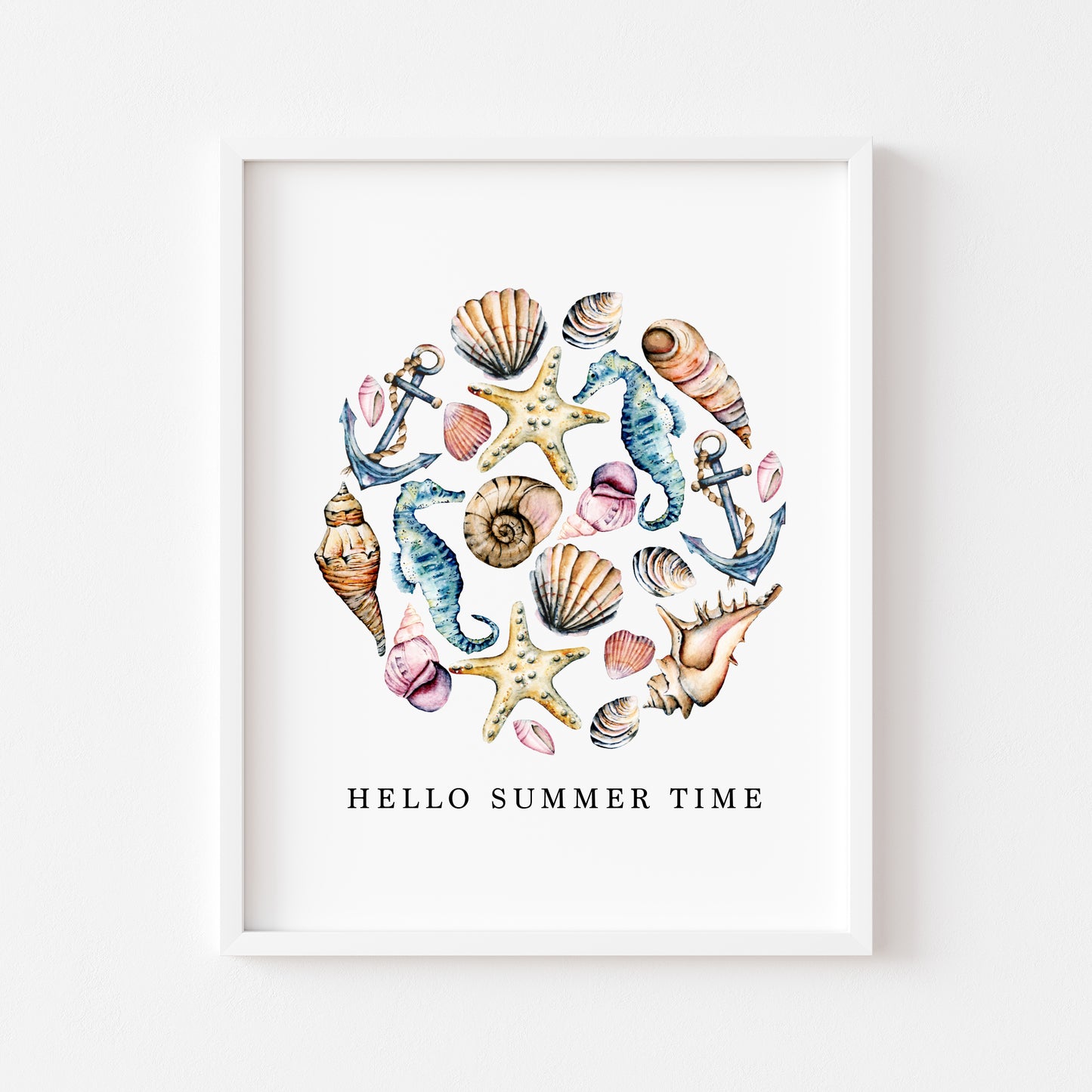 Seashells Circle Watercolour Coastal Summer print hello summer time unframed wall art poster