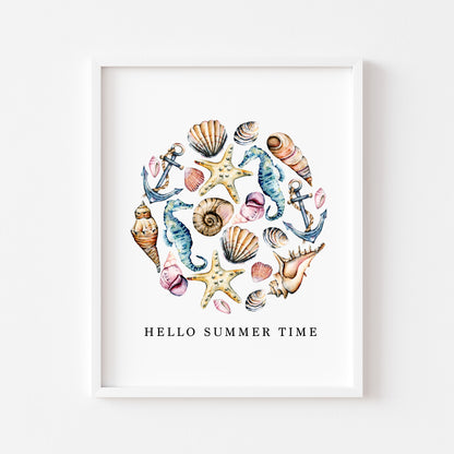 Seashells Circle Watercolour Coastal Summer print hello summer time unframed wall art poster