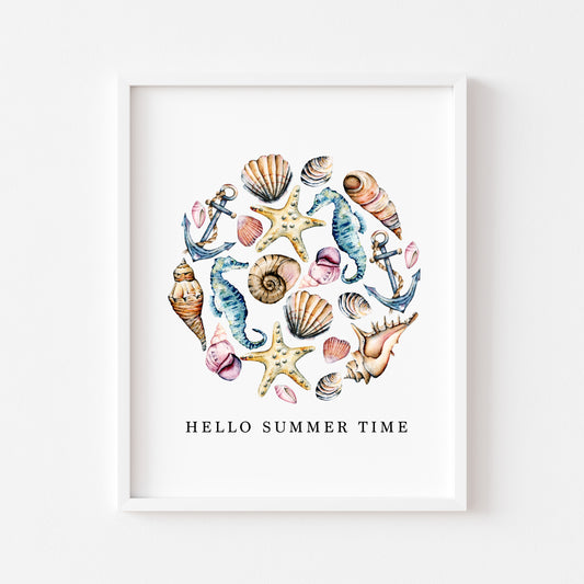 Seashells Circle Watercolour Coastal Summer print hello summer time unframed wall art poster