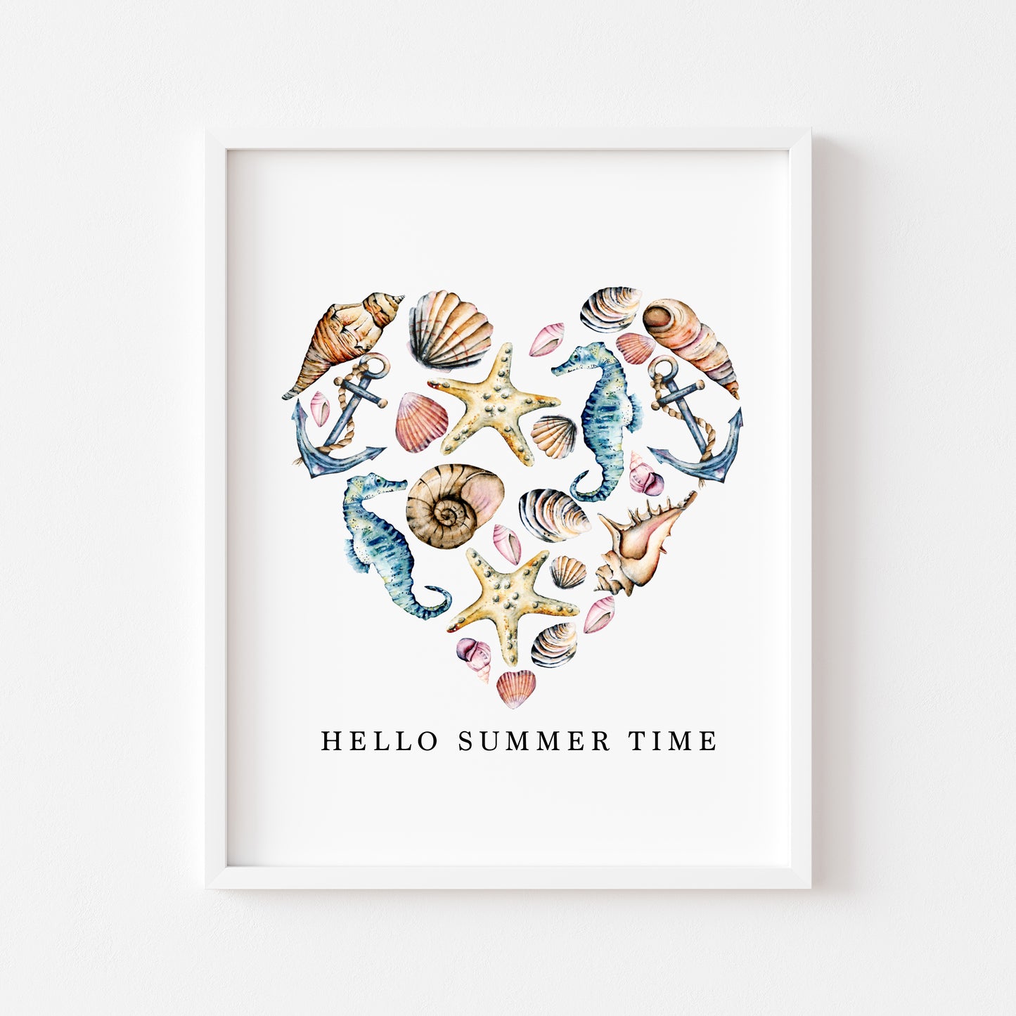 Seashells Heart Watercolour Coastal Summer print hello summer time unframed wall art poster