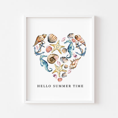 Seashells Heart Watercolour Coastal Summer print hello summer time unframed wall art poster