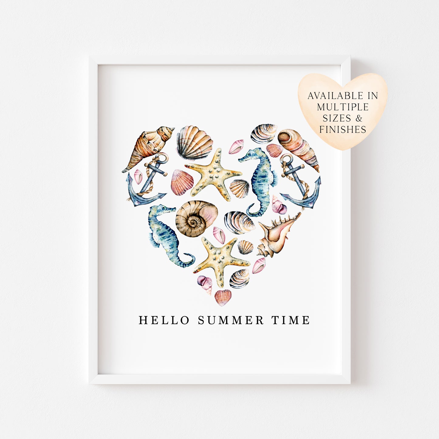 Seashells Heart Watercolour Coastal Summer print hello summer time unframed wall art poster
