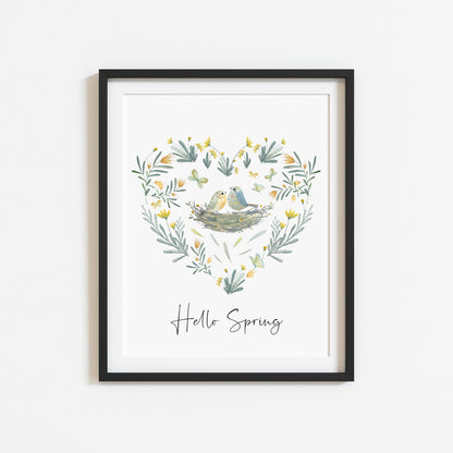 Hello spring watercolour floral heart spring birds bouquet seasonal unframed wall art poster print