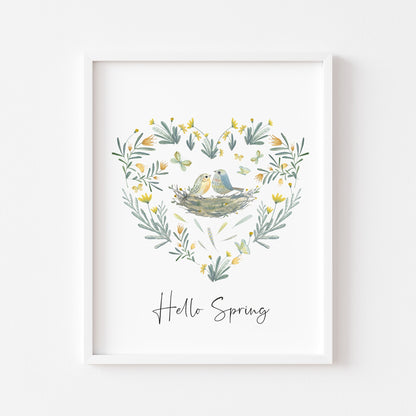 Hello spring watercolour floral heart spring birds bouquet seasonal unframed wall art poster print