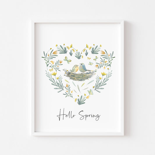 Hello spring watercolour floral heart spring birds bouquet seasonal unframed wall art poster print